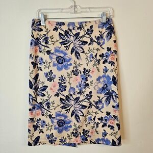 Talbots Pencil Skirt Womens 4 Tan Blue Floral Cotton Stretch Knee Length Lined